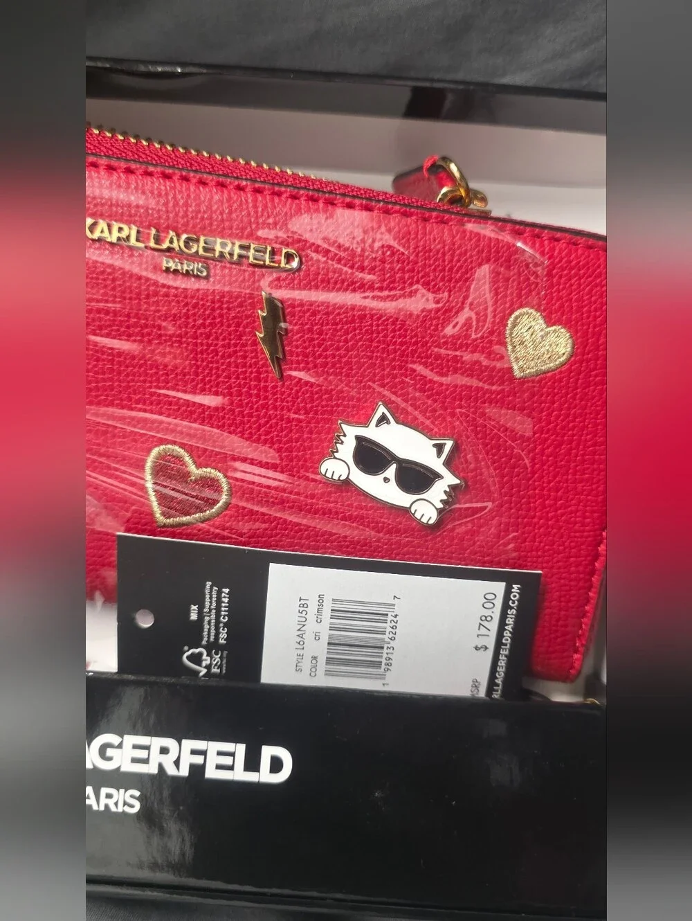 Larl Lagerfeld Paris Zip-around Crossbody Wallet Crimson Red NWT